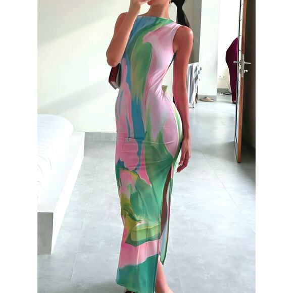Monet Garden Print Sleeveless Long Dress S Commense - Picture 2 of 4